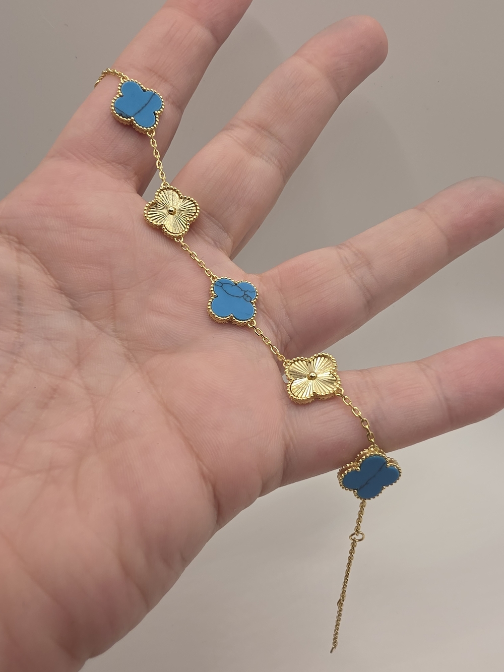 Gold Over S925  Turquoise Clover Link Bracelet 6-8 Inches